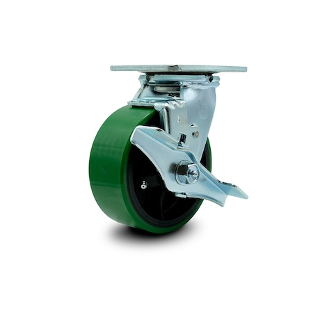 5 Inch Green Poly On Cast Iron Swivel Caster With Roller Bearing And Brake SCC